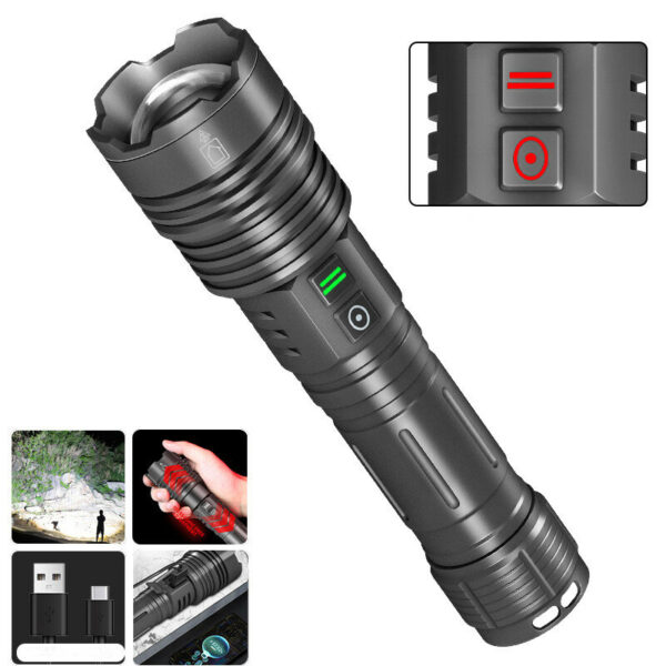 XHP70 High Intensity Zoomble LED Flashlight TYPE-C USB Rechargeable Dual Switch Aluminum Alloy Tactical Torch Color Black