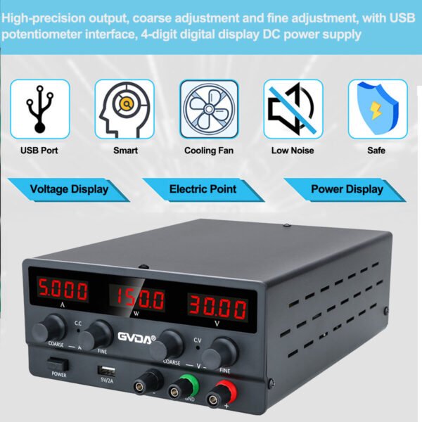 GVDA Stabilized Power Supply SPS Series Adjustable Voltage High Precision Output Digital Display Intelligent Heat Dissipation USB Port Suitable for Notebook Repair and Sensitive Electronics Model H305