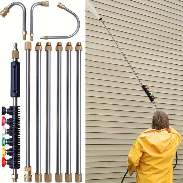 16PCS Stainless Steel High-Pressure Water Gun Set with Extended Rods 4000psi Quick Connect Versatile Cleaning Tool for Courtyard Livestock Rooftop Including Five Spray Nozzles