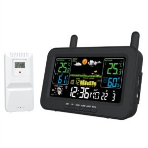Weather Stations Wireless Indoor Outdoor Thermometers LCD Color Display Temperature Humidity Monitor with Outdoor Sensor Weather Thermometer Forecast Station with Clock / Adjustable Backlight / Forecast / Data / Air Pressure and Alarm Alert Color. White Plug EU Plug
