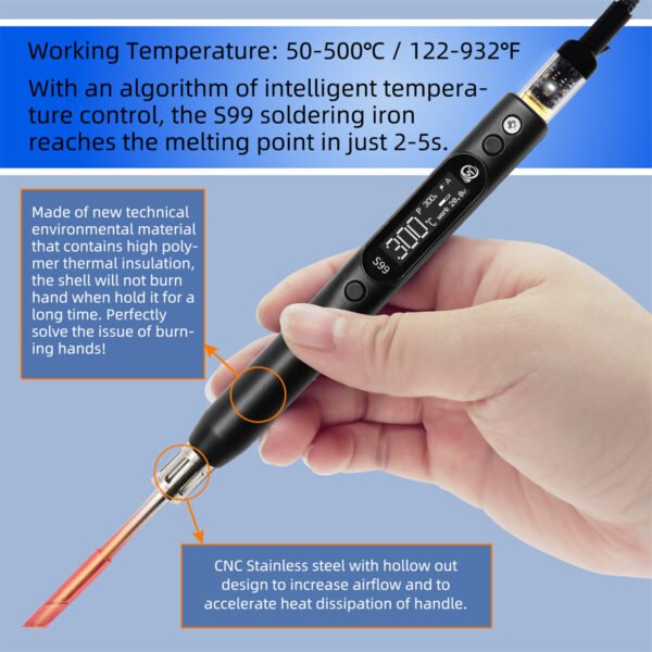 SEQURE S99 Soldering Iron Support PD|QC|DC|PPS Power Supply Compatible with C245 Tip for Drone RC Model Welding Repair Tool Anti-static Welding Pen Type K+I+B1+BC2 Type Set