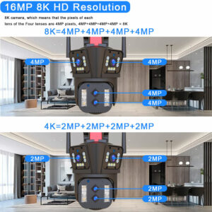 8K HD 16MP 10X Zoom WiFi IP Camera Auto Tracking Two Way Audio PTZ Camera Outdoor Four Lens Three Screen 4MP+4MP+4MP+4MP Surveillance Security CCTV Cam