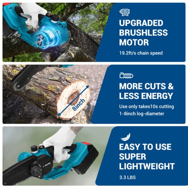 Drillpro 6-Inch High-Efficiency Brushless Chainsaw with 13000mAh Battery 3000W Power Fast 19.2ft/s Chain Speed Compatible with 18v Battery Ideal for Intense Cutting Tasks Battery Quantity with 2 Batteries