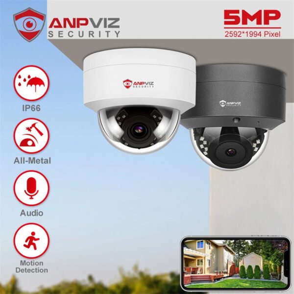 [EU Direct] Anpviz 5MP Dome PoE IP Camera Built-in Microphone Night Vision Motion Detection Security Protection Cam IP66 Waterproof H.265 CCTV Video Cameras Color White