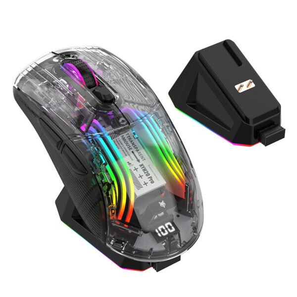 XUNSVFOX XYH20pro RGB Transparent Shell Gaming Mouse Power Display Three Mode Wireless bluetooth Type-C Rechargeable Ergonomics Mute Mice with Charging Dock PC Accessories Color Black