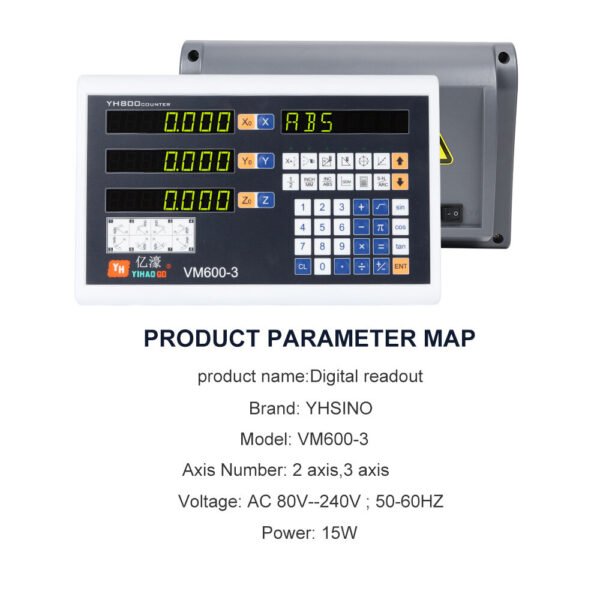 YHSINO VM600-3 Digital Readout YE Optical Linear Scale Durable Aluminum Zinc Alloy Construction 3 Axis AC 80V-240V High Performance Tool for Precise Measurement Size 150+350+650mm