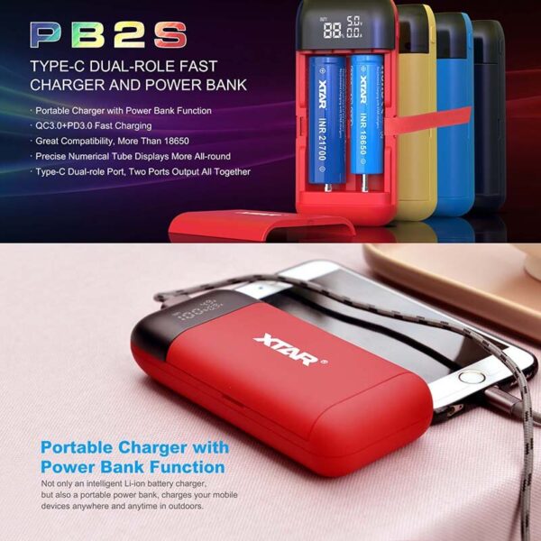 XTAR Battery Charger 18650 Power Bank Fast Charge Type C QC3.0+PD3.0 Quick Charging 18700 20700 21700 Batteries PB2S Powerbank Color Blue