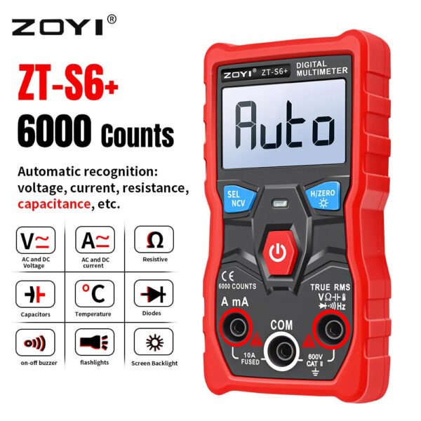 ZOYI ZT-S6 Digital Multimeter Professional Tester AC/DC Voltage Current Resistance Capacitance Frequency and Temperature Measurements Auto Range Function with Maximum 6000 Counts Display