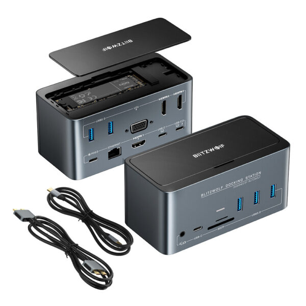 BlitzWolf BW-TH13 18-in-1 USB C Docking Station with M.2 SSD Enclosure Quadruple Display SD/TF Card Slot RJ45 Ethernet Port 100W Power Delivery interface VGA interface