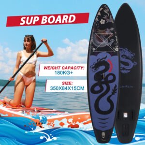 [EU Direct] Funwater 350CM Big Size Inflatable Stand Up Paddle Board Surfboard Maximum Load 180KG Stand Up Portable Surfboard With Adjustable Paddle, Pump, Backpack, Leash, Safety Rope, Adult Paddle Board SUPFR17U Color Black