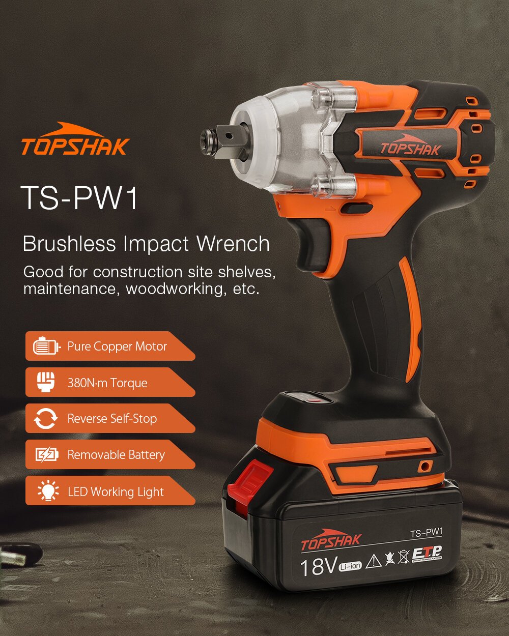 4bf390b6-393d-4239-967e-35ee3d73883c.jpg Topshak TS-PW1 380N.M Brushless Electric Impact Wrench LED Working Light Rechargeable Woodworking Maintenance Tool W/ Battery Also For Mak