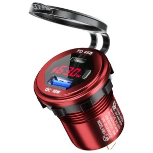 12-24V 63W Metal Car Charger Socket 45W PD + 18W QC3.0 with LED Voltage/Power Display ON/OFF Switch for SUV Motorcycle Truck Boat ATV Color Blue