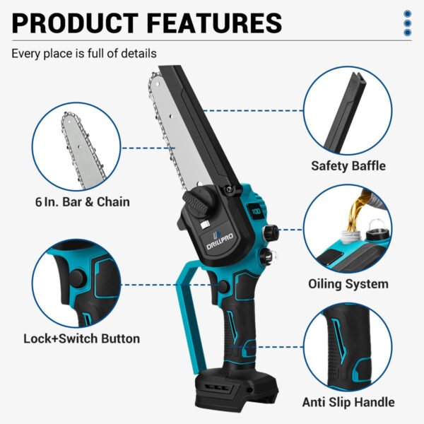 Drillpro Brushless Electric Cordless Chainsaw with 3000W High-Efficiency 6-Inch Guide Plate for Smooth Precise Cutting Experience Flexible Battery Options Battery Quantity with 2 Batteries