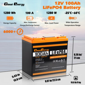 [EU Direct] Cloudenergy 12V 100Ah LiFePO4 Lithium Battery Pack Backup Power 1280Wh Energy 6000+ Deep Cycles Built-in 100A BMS Support in Series Parallel for Replacing Most of Backup Power RV Boats Solar Trolling Motor Off-Grid, CL12-100