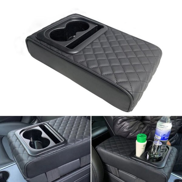 Car Center Console Armrest Cushion with 2 Cup Holders PU Leather Portable Car Armrest Pillow Height Cushion Color Black