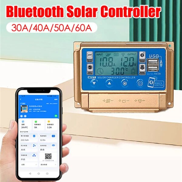 30/40/50A/60A Bluetooth Solar Panel Controller 2 USB Digital Display LCD Screen 12V/24V MPPT Solar Charge Controller Current 30A