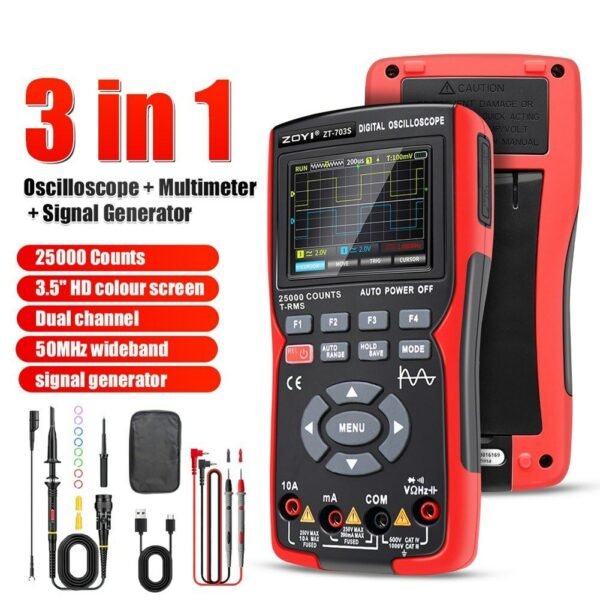 ZOYI 703S 3-in-1 Dual Channel 50MHZ Bandwidth Handheld Oscilloscope Multimeter Generator 280MSa/s High Sampling Professional Oscilloscope 25000 Count Digital Multimeter Type Standard