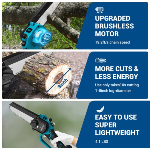 Drillpro Brushless Electric Cordless Chainsaw with 3000W High-Efficiency 6-Inch Guide Plate for Smooth Precise Cutting Experience Flexible Battery Options Battery Quantity with 2 Batteries