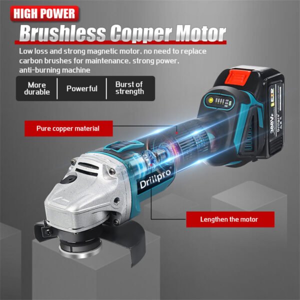 [EU Direct]Drillpro Cordless Brushless Angle Grinder 18V 800W High Power Output with Overload Resistance Compact Tool for Efficient Outdoor Operations Comes in Multiple Packages with Lithium Battery and EU Plug Battery Without Battery