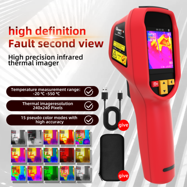 HX1 240x240 Pixels Infrared Thermal Imager 2.4-inch TFT LCD Screen IP54 -20C-550C 25Hz Thermal imager frame rate 15 pseudo color modes with high accuracy USB charging Color Red