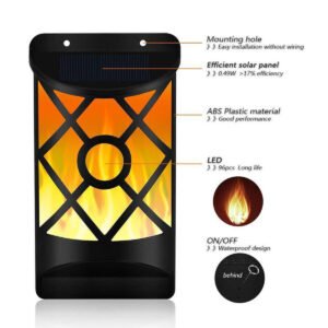 Outdoor Solar Garden Flame 96LED Light Flame Flickering Effect Outdoor Wall Lamp Waterproof