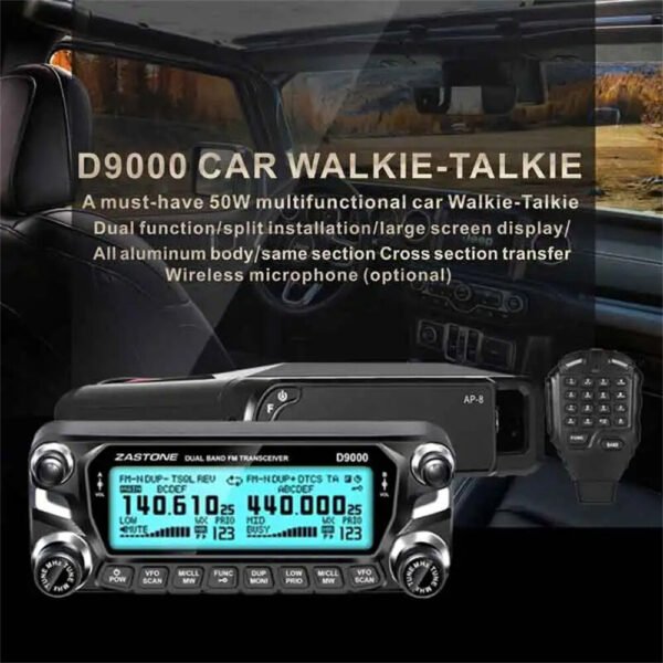 Zastone D9000 Auto Walkie Talkie Radio Station 50W UHF/VHF Ham HF Transceiver Dual Band 136-174/400-520MHz Channel Spacing