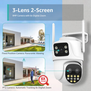9MP Three Lens Two Screen 8X Zoom Wifi Surveillance Camera HD Night Vision Auto Tracking Motion Detection ICSEE APP Alarm Push bluetooth Outdoors PTZ Security Camera