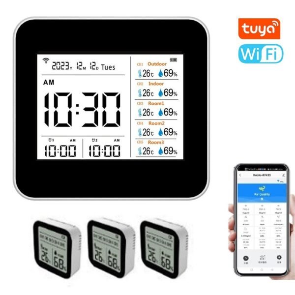 13 in 1 Tuya WIFI Intelligent Thermometer Hygrometer Indoor Accurate Temperature Humidity Gauge Monitor with Time/Calendar/Alarm Display Support Remote APP Control for Home Office Type #A