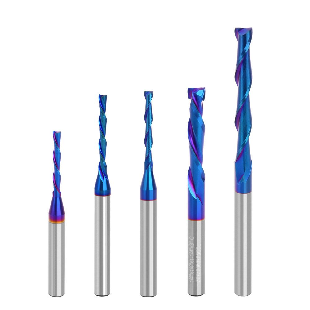 bd4326f1-602d-41bb-8420-e7d3efd1db08.jpg LAVIE 6.35mm 1/4" Shank Solid Carbide Bit Up Cut Flush Trim Bit Down Cutter Compression Flush Trim Bit Router Bit Nano Blue Coated Size 6.35x6.35x31.75x76.2mm