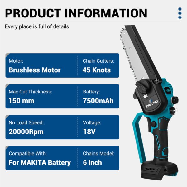 Drillpro Brushless Electric Cordless Chainsaw with 3000W High-Efficiency 6-Inch Guide Plate for Smooth Precise Cutting Experience Flexible Battery Options Battery Quantity with 2 Batteries