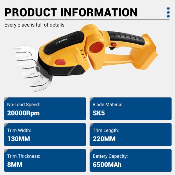 Drillpro 2-in-1 Hedge Trimmer High-Speed 20000RPM SK5 Blade 130MM Trim Length 220MM Width 8MM Thickness High Capacity 7500MAh Battery Cutting Mode Garden Tool Battery & Plug without battery