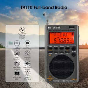 Retekes TR110 Radio Portable SSB Shortwave Radio FM/MW/SW/LSB/AIR/CB/VHF/UHF Full Band NOAA Alert Digital Radio Receiver Alarm Clock