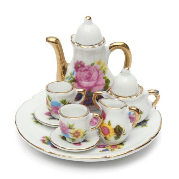 8pcs Porcelain Vintage Tea Sets Teapot Coffee Retro Floral Cups Doll House Decor Toy