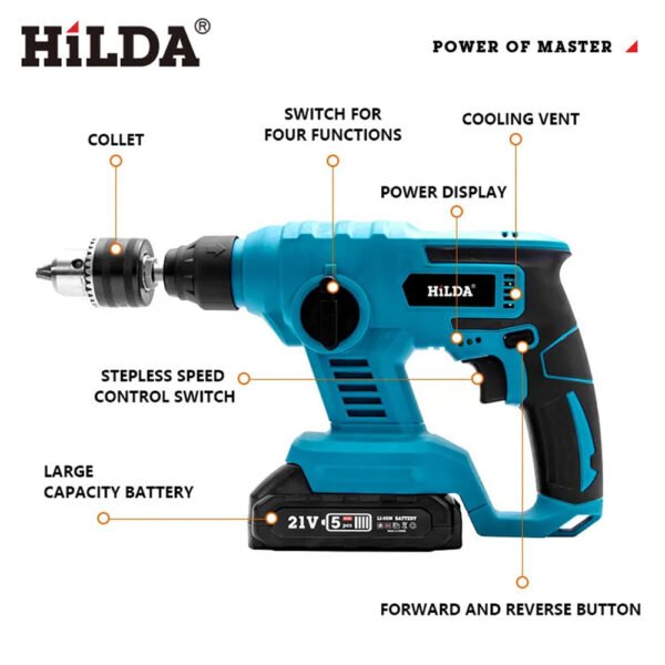 21V Brushless 4500 times/min Electric Hammer Impact Drill Cordless Multifunction Rotary Tool for Mak Battery 4500 Times/Min High-Performance Power Tool