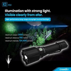 CYANSKY K3 V2.0 2000LM 700M Long-distance Strong LED Flashlight High-Performance Professional Tactical Torch Outdoor Searching Light Color Black