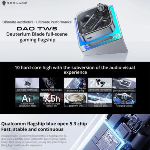 Nubia Redmagic DAO TWS bluetooth 5.3 Earphone ANC Earbuds -48dB Active Noise Cancelling 3D Surround Stereo Hi-res Audio  Low Delay Sports Gaming Headphone with Mic