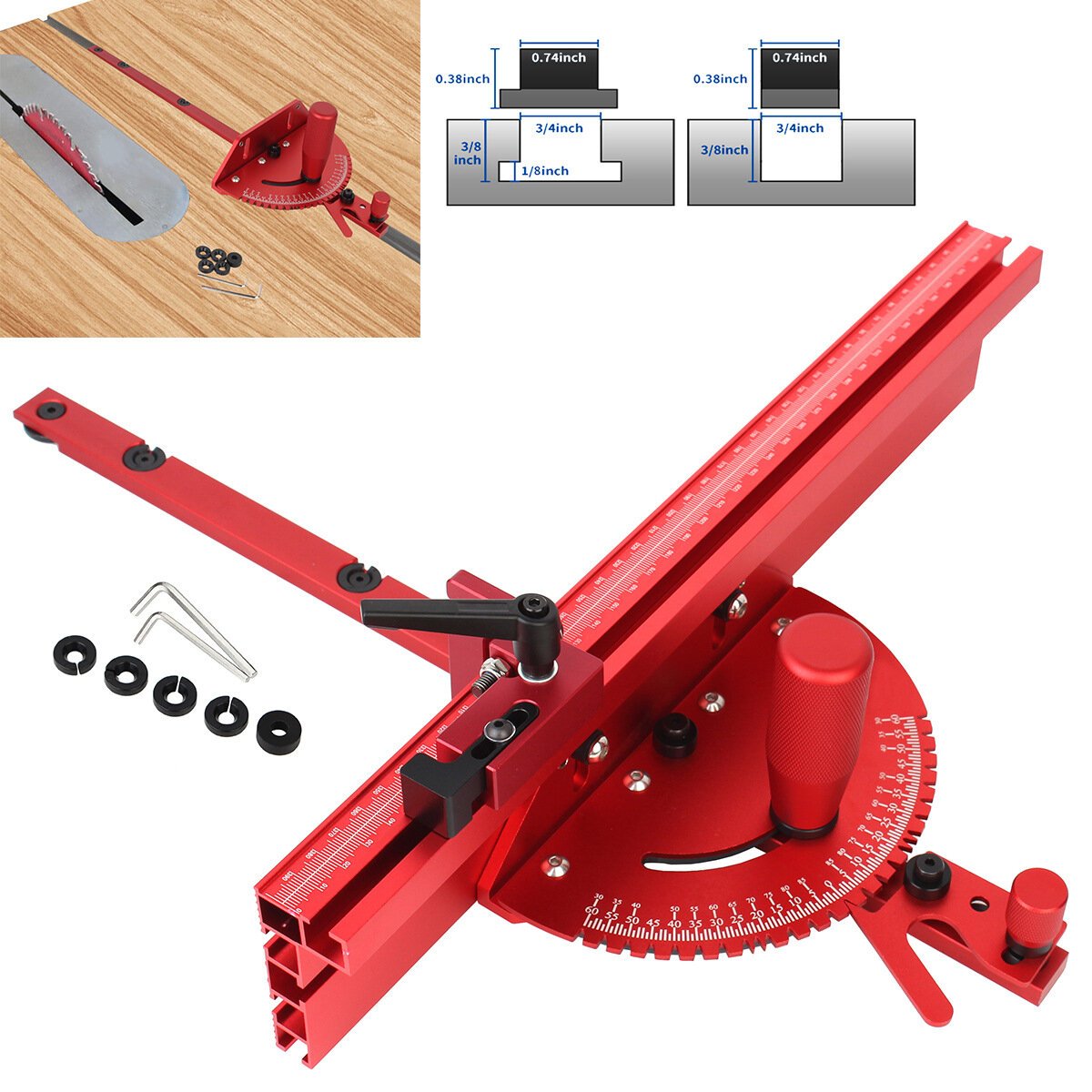 ec1ca949-8f1d-4ea9-a30e-acc46a6a1bbb.jpg 1 Set Aluminum Alloy Miter Gauge With 45mm Fence And Fence Stop Kit Including Sclae Tape And Laser Scales For Woodwrorking Tool