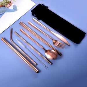 9pcs Titanium-Plated 304 Stainless Steel Cutlery Set Knife Fork Spoon Chopsticks Straw Set Color. Silver