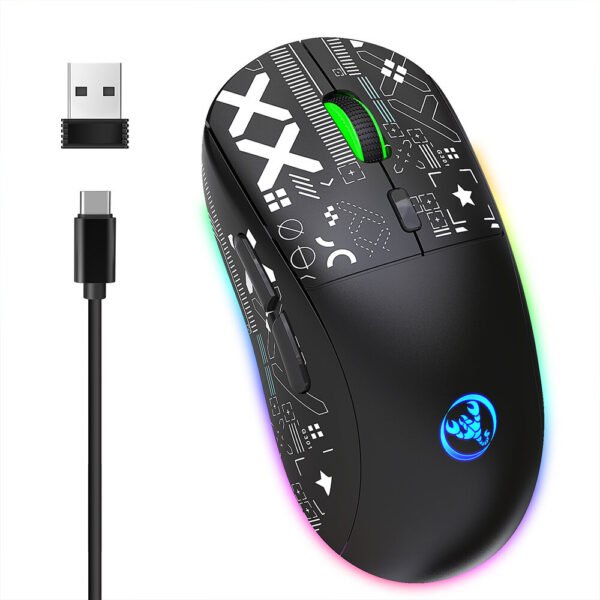 HXSJ T90 2.4G Triple Mode Wireless Mouse 800-3600DPI Adjustable RGB Backlight 750mAh Type-C Rechargeable Gamer Mouse Color Printed pattern-black